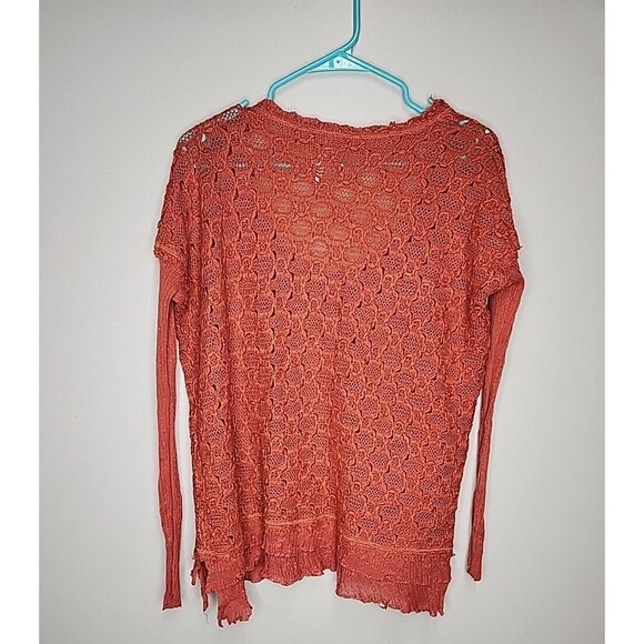Free People Women's Sweater Open Knit Ruffle Hem Pullover Coral Orange S EUC - Picture 5 of 7